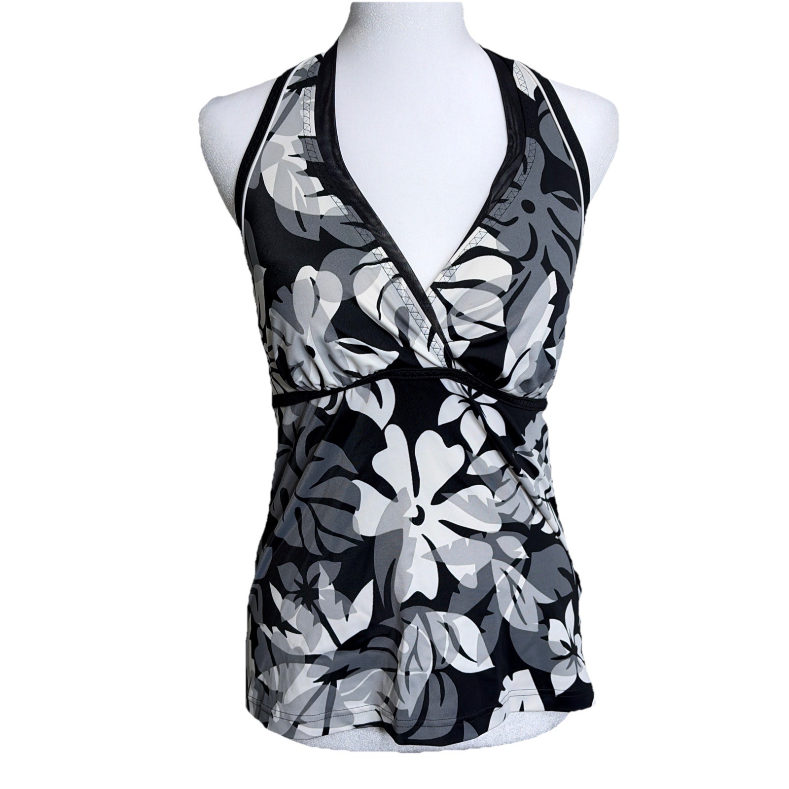 Lands’ End Tankini Top Sz 8 Women’s Black & White Floral Halter Beach Summer