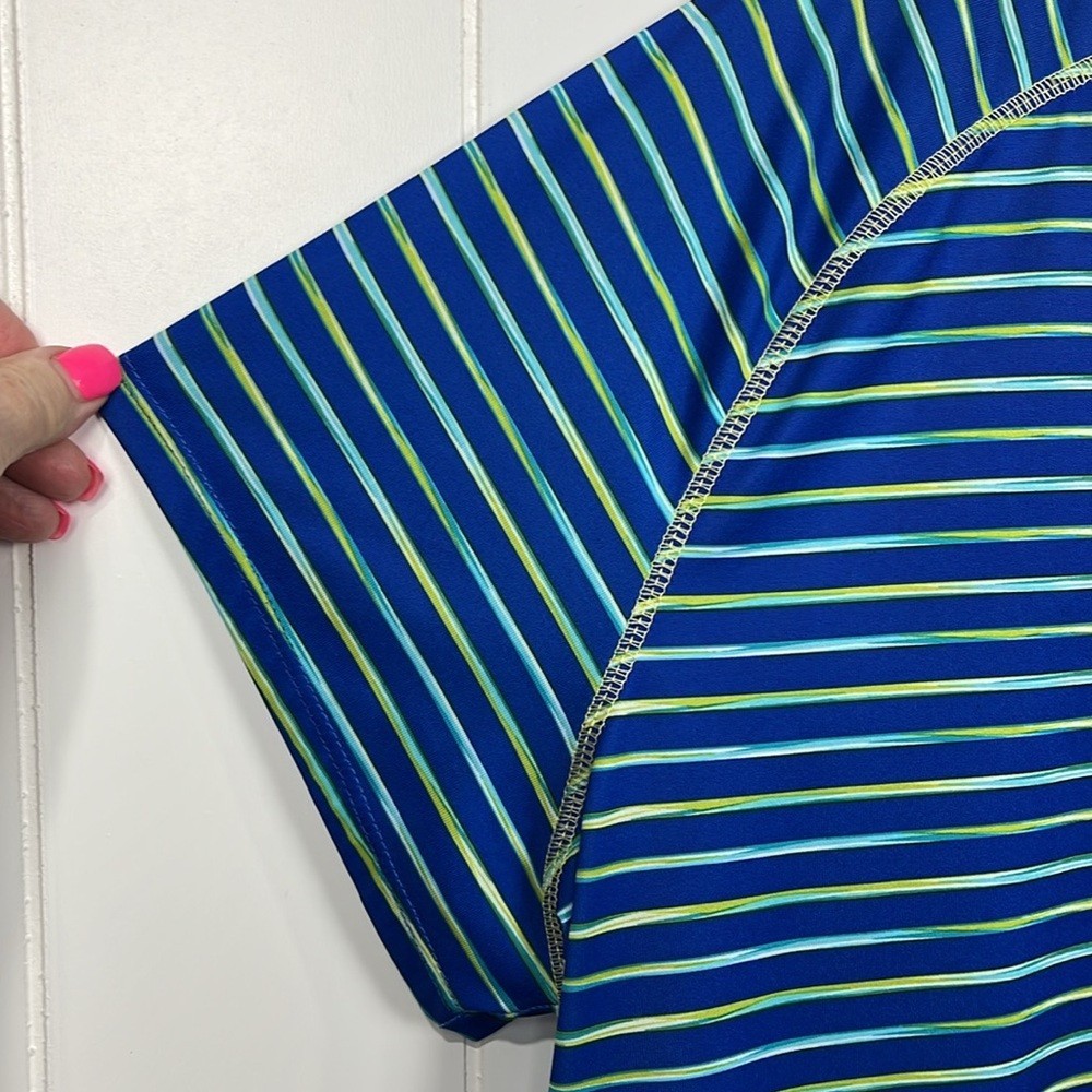 Reel Legends Womens Rash Guard 2X Blue Lime Stripes Stretch Zip Pocket 100% Poly