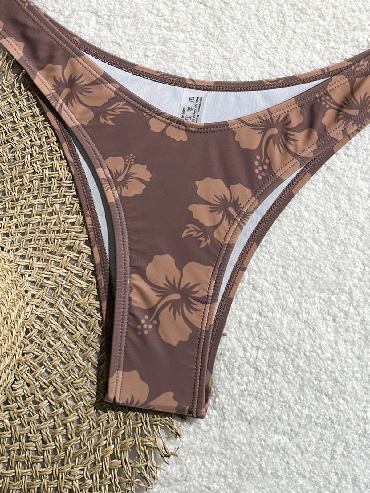 Women’s Brown Hibiscus Floral Triangle Bikini Set, Tie-Side Halter Top & Cheeky