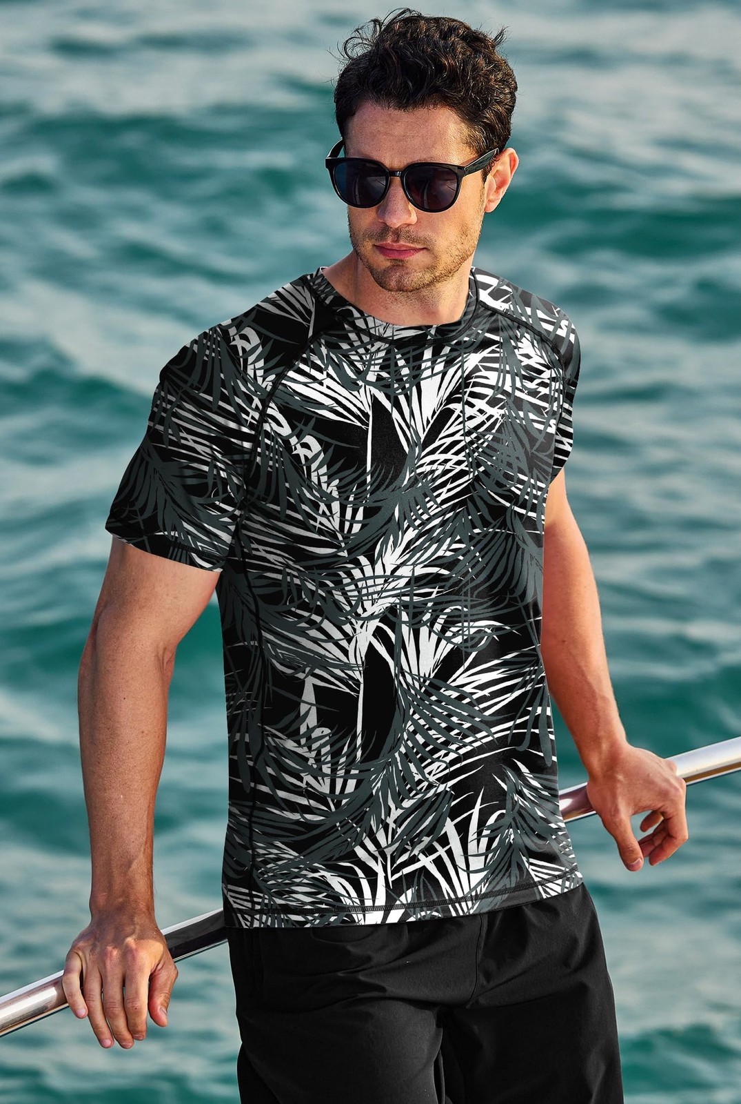 Men Rash Guard Swim Shirts UPF 50+ Sun Protection Quick Dry Allover Print Cam…