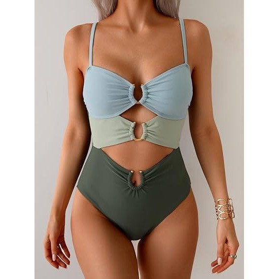 MSRP $48 Eomenie Women’s S Green Color Block Cutout One Piece Swimsuit with Ri