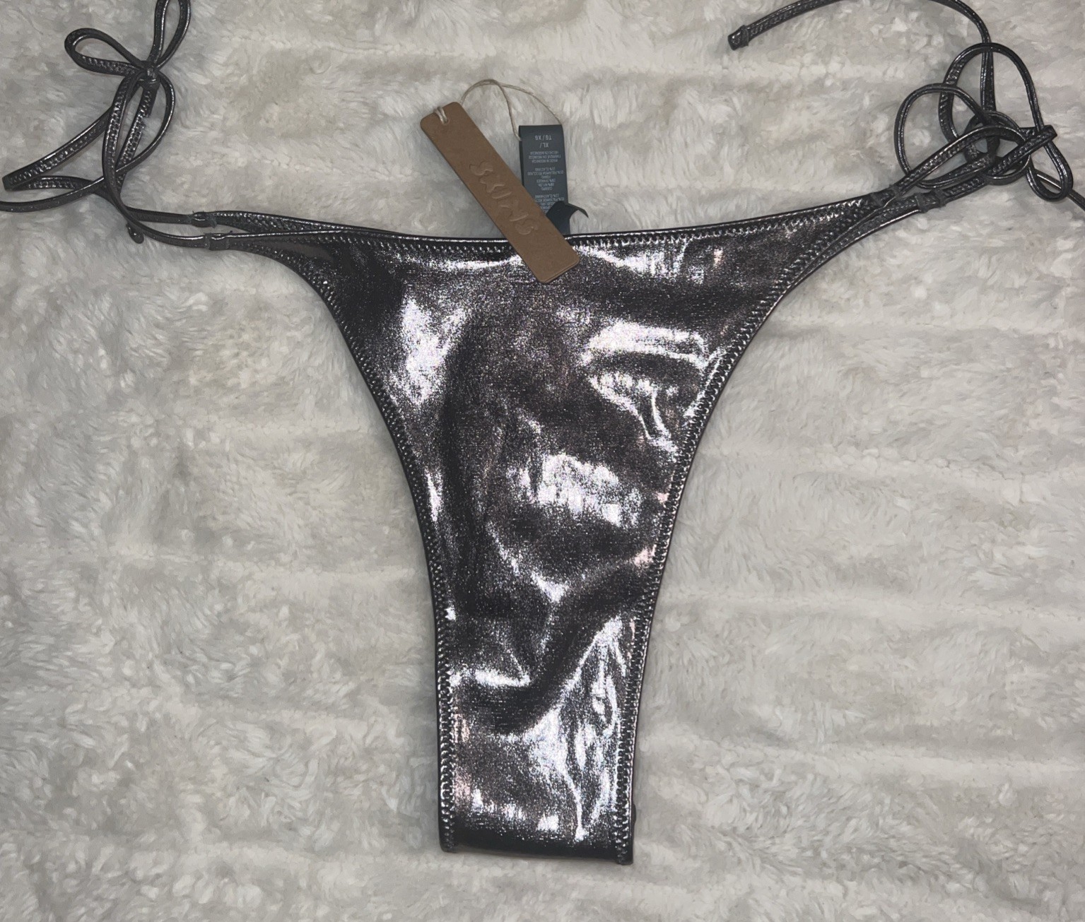 SKIMS Metallic Swim Tie Bikini Bottom Carbon XL