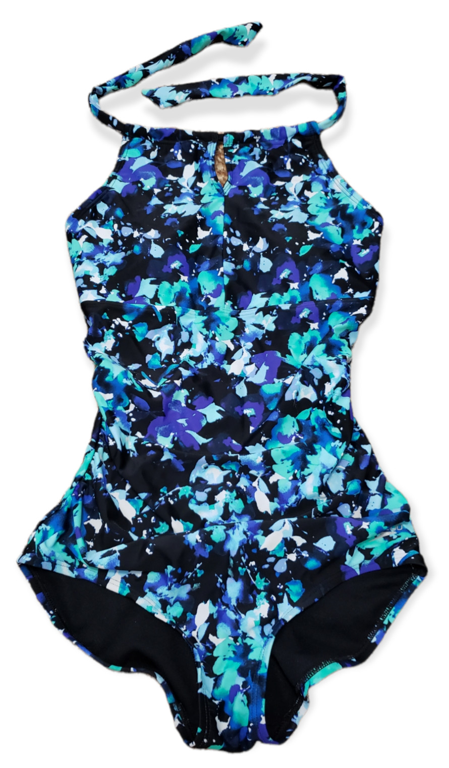 Speedo High Neck Keyhole Swimsuit Women’s Small One Piece Blue Halter Swimwear