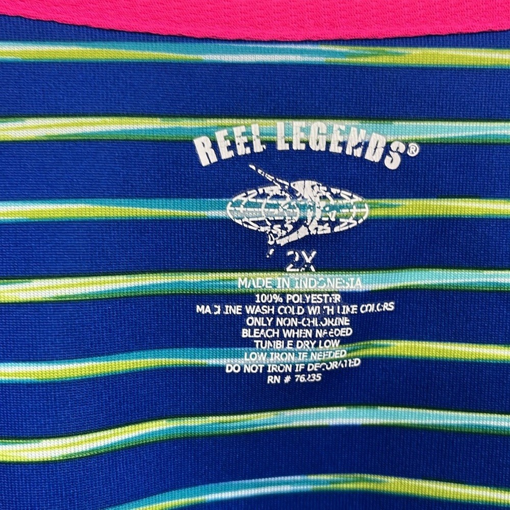 Reel Legends Womens Rash Guard 2X Blue Lime Stripes Stretch Zip Pocket 100% Poly