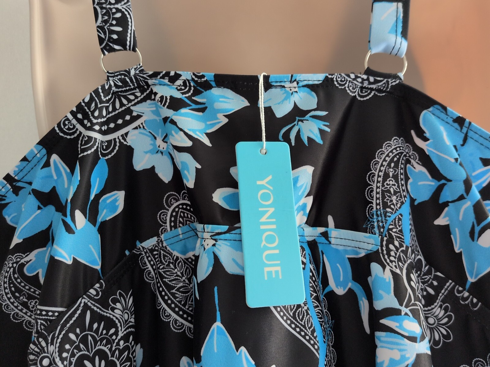 Yonique Plus Size Floral Paisley Blue & black Bathing suit Top Womens Size 24W