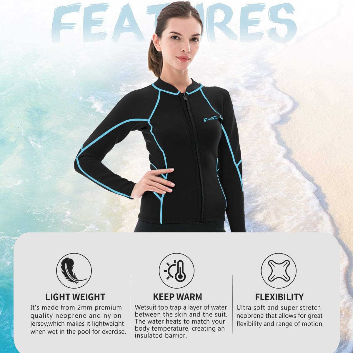 GoldFin Wetsuit Top Women, 2mm Wetsuits Jacket Long Sleeve Medium, Blue/line