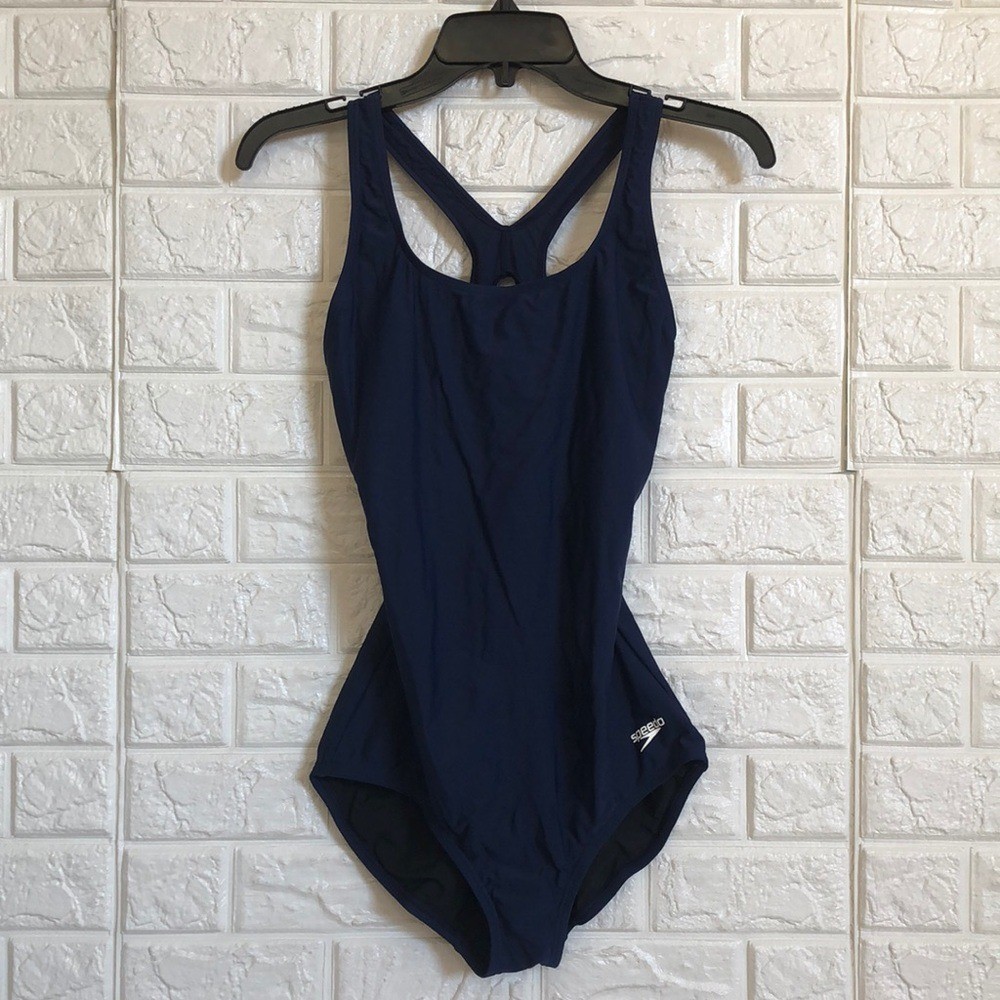 Speedo power navy blue flex racer back swimsuit women’s size 8