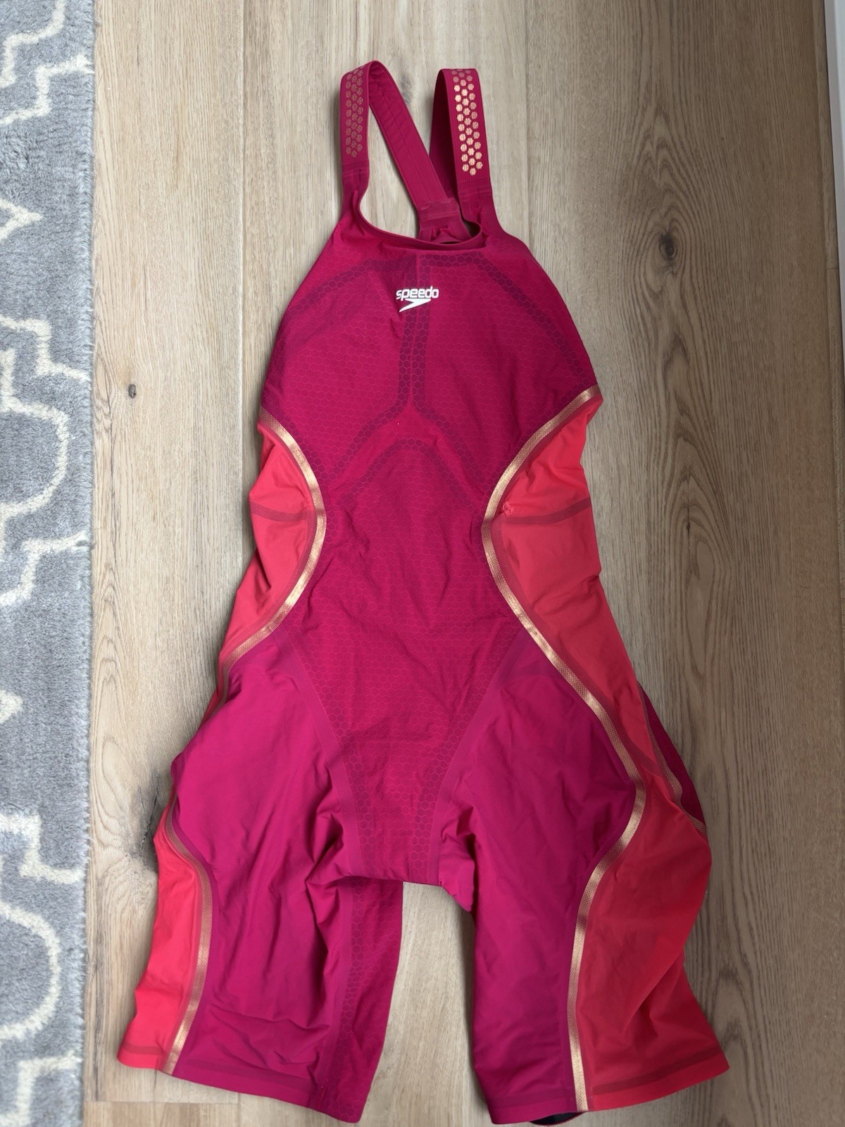 Pink and Gold Women’s Speedo Intent Tech Suit, Size 26, Open Back
