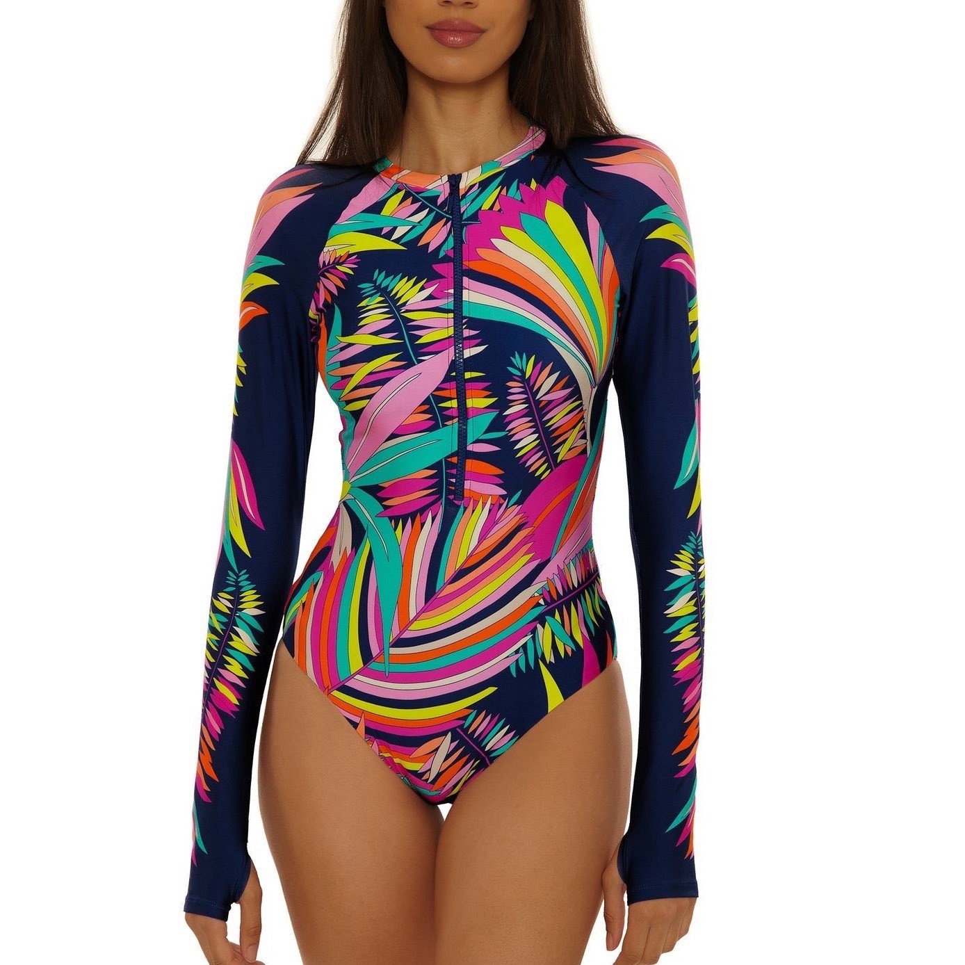 Trina Turk Paralia Long-Sleeve Zip-Up Paddle Suit, Rash Guard Size Medium