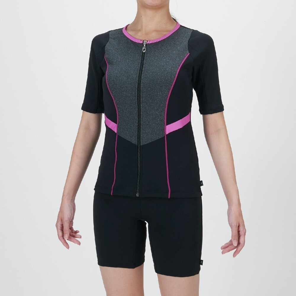 Mizuno Women’s Aqua Fitness Two-Piece Swimsuit Front Zip Black/Pink 2025SS
