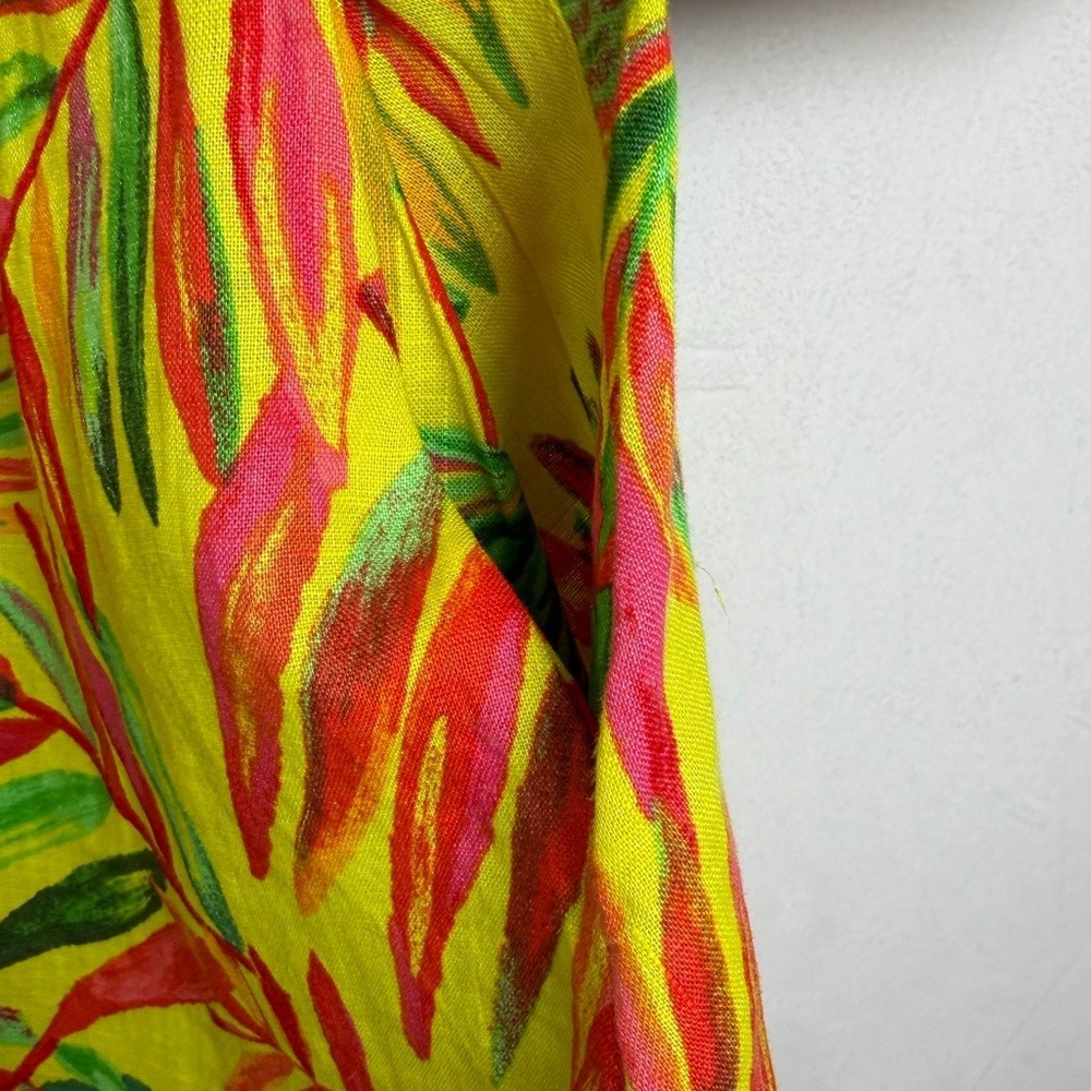 Magischoni Women’s 100% Linen Tropical Print Mini Dress Puff Sleeve Dress Sz S