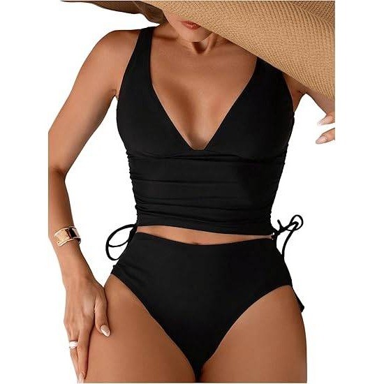 SweatyRocks Women’s XL Black 2 Piece Bathing Suit Tankinis Deep V Neck Drawstri