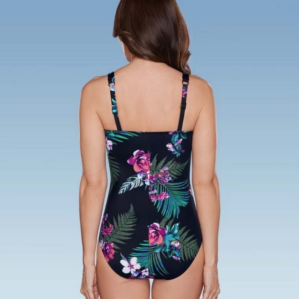 Waist Detail Over the Shoulder One Piece Swimsuit – Aqua Green® Black Foral XL