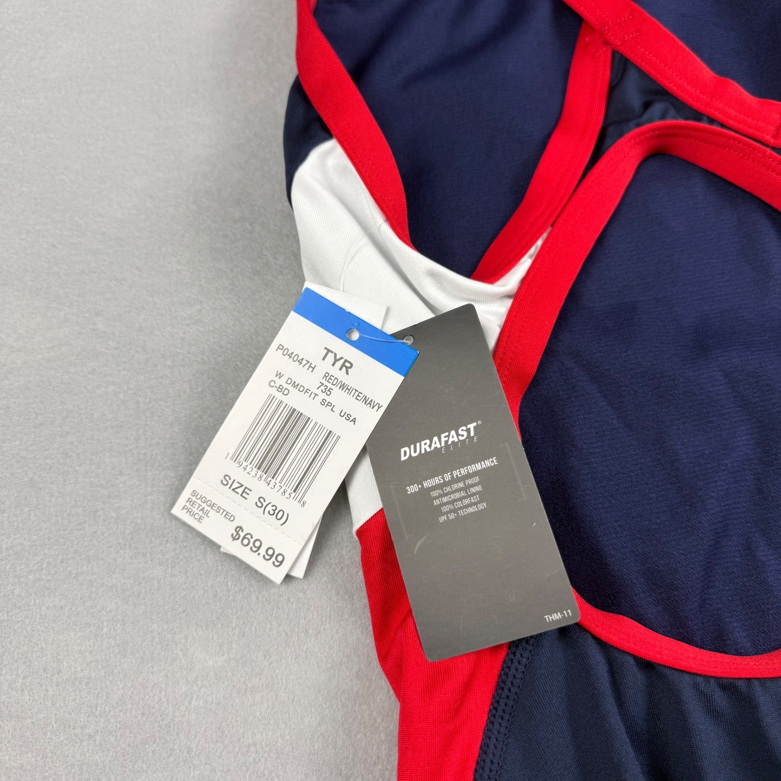 TYR Womens 30 S One Piece Swimsuit Navy Red White USA Durafast Elite Performance