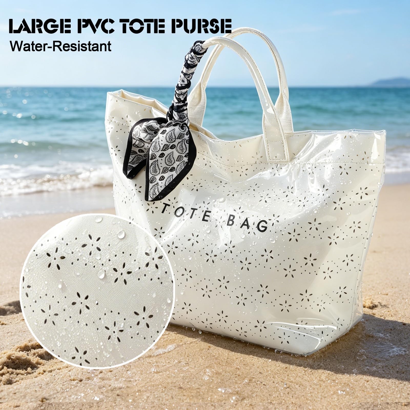 PVC Tote Bag for Women, Large Waterproof Beach Tote Bag with Handle Beige