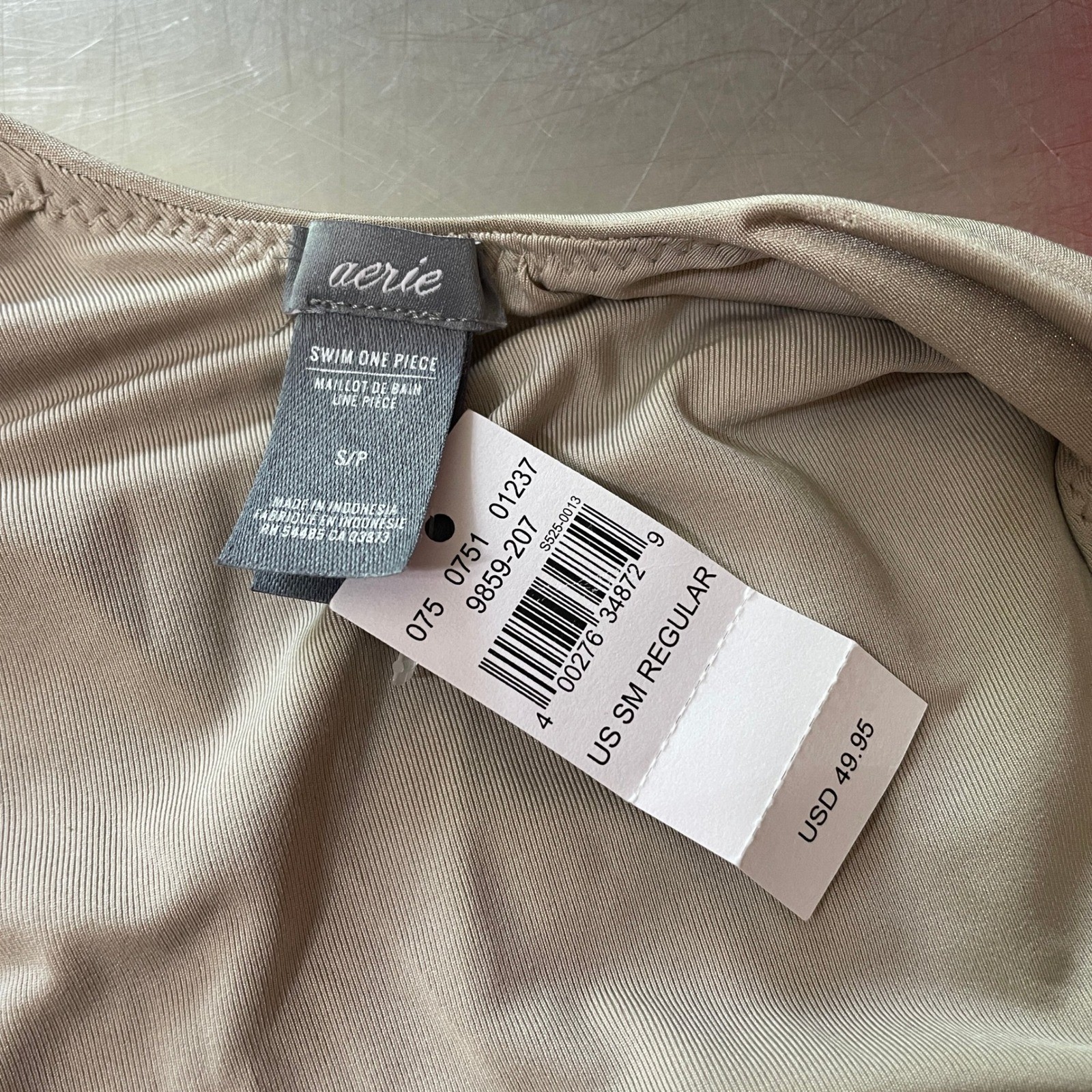 Aerie One Piece Swimsuit Small Beige Ring Detail Deep V Back High Cut NWT