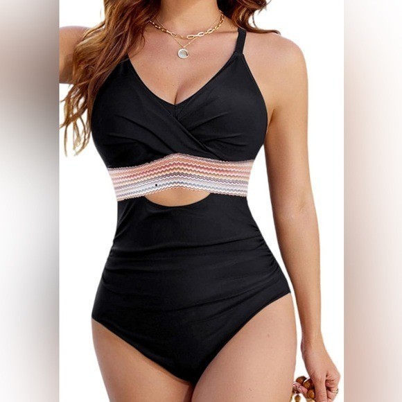 VIMPUNEC Black One Piece Swimsuit Chevron Cutou WOMENS L