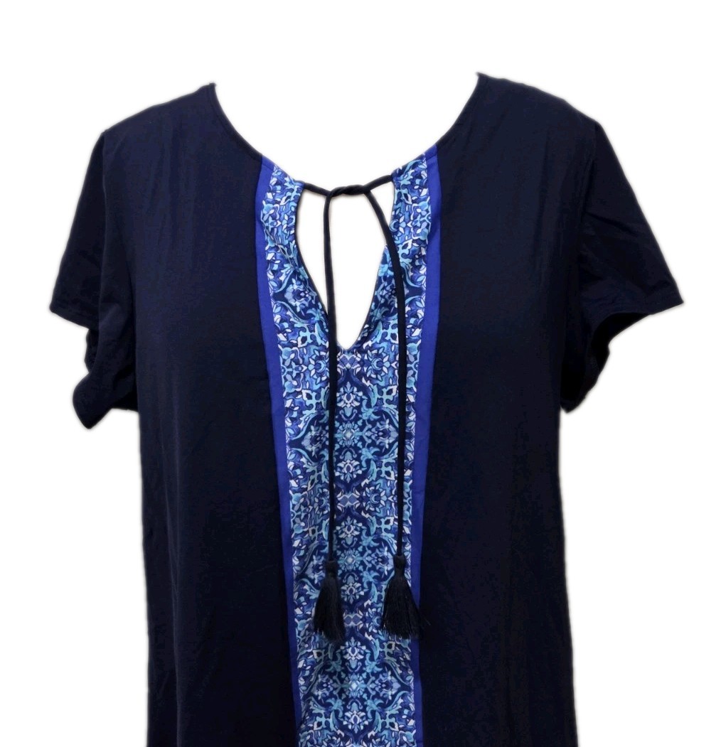 Lands End Size L Swim Dress Cover Up Navy Blue Medallion Floral Trim Tassels
