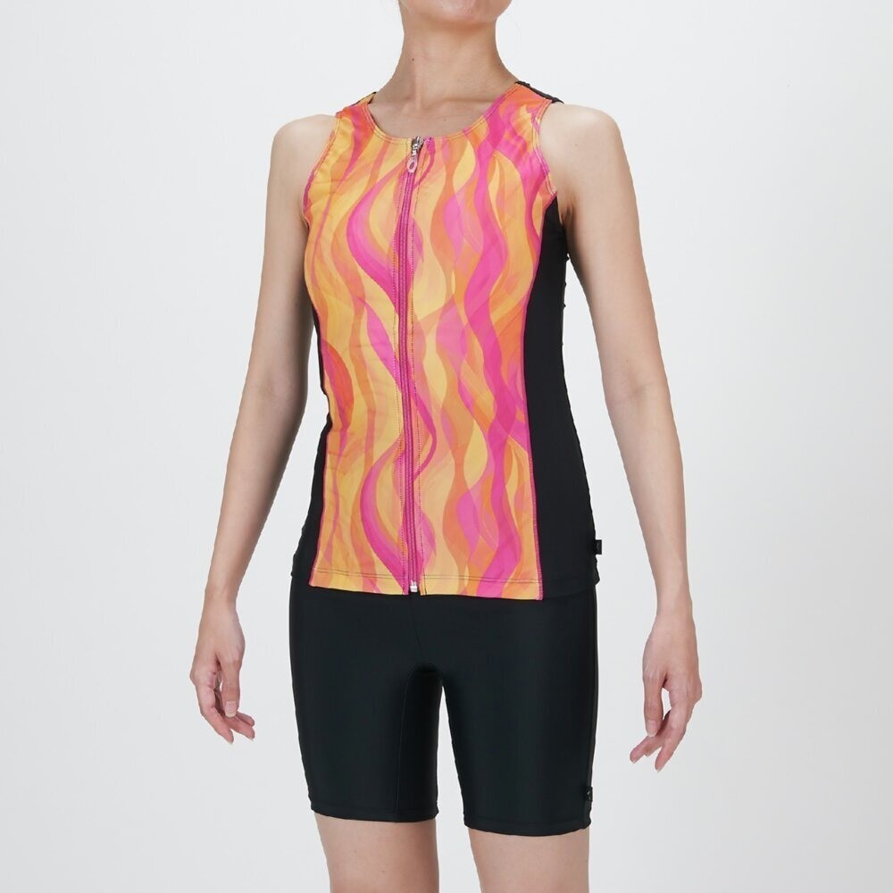 Mizuno Women’s Aqua Fitness Two-Piece Suit Front Zip Tank Top Black/Cassis ORG