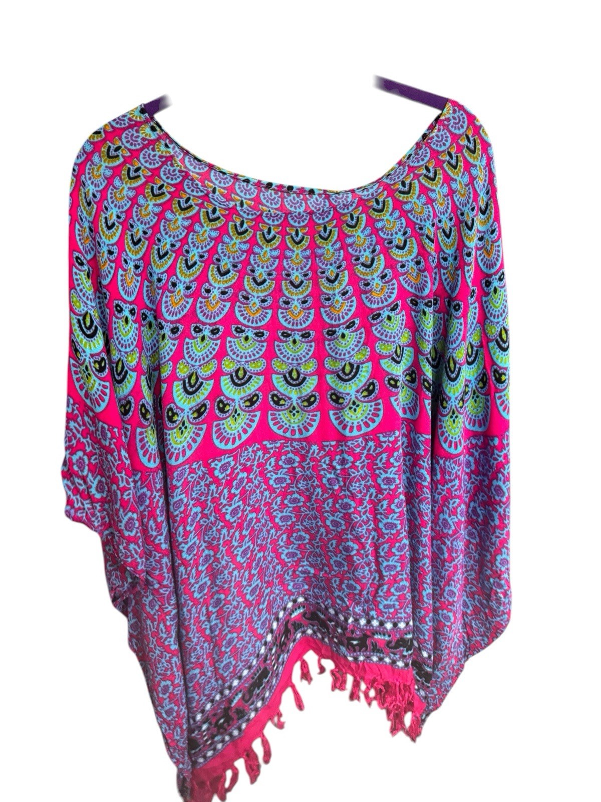 Bohemian Fringe Poncho One Size Colorful pattered Festival Shawl Wrap Women’s