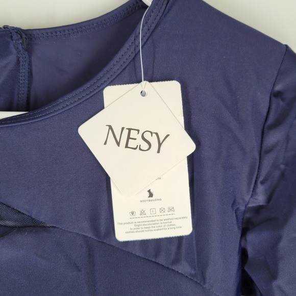 NWT NESY Rash Guard Swim Bodysuit Womens Small Navy Blue Mesh
