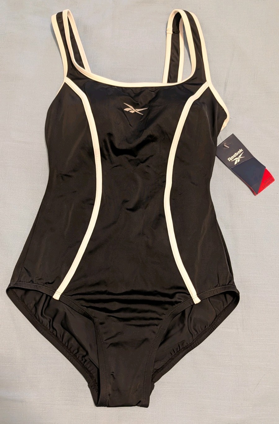 New Reebok Swim Suit Size 8 Black w/White Piping One Piece Sport Fashion NWT