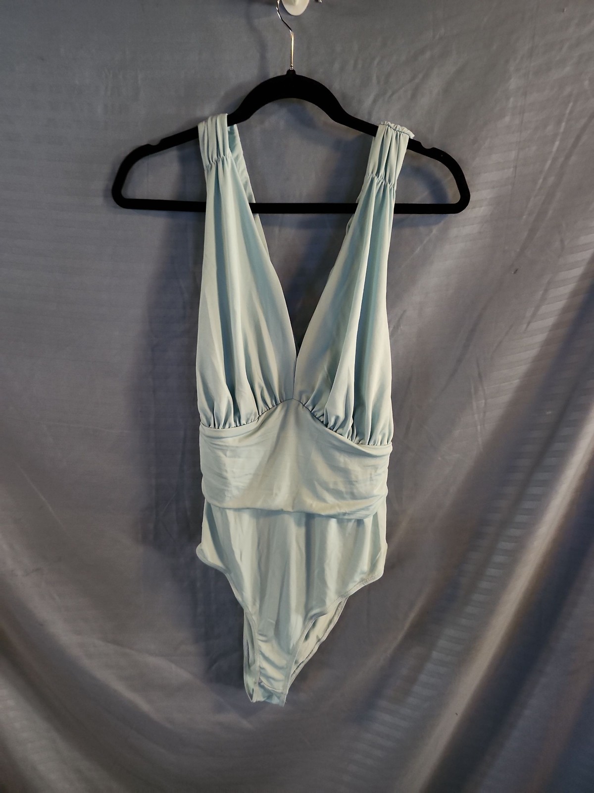 Cupshe Women’s Blue V Neck Ruched One Piece Bodysuit size 14/16