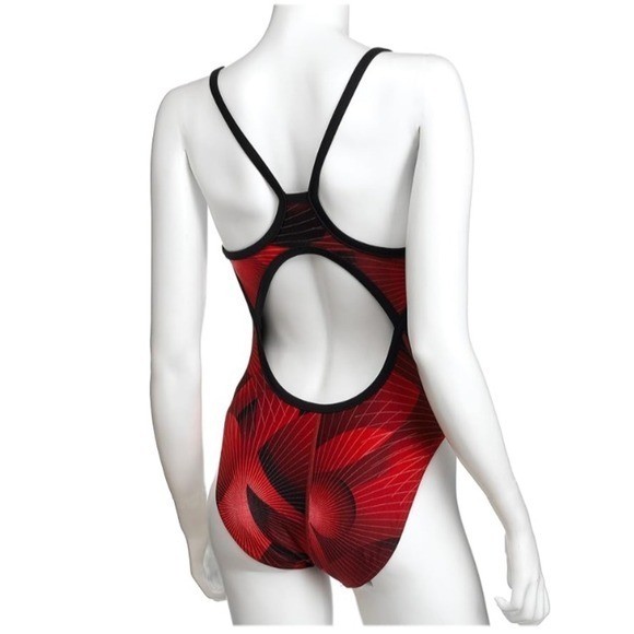 SPEEDO Size 10 Red Black Rising Sun Lycra Geoback One Piece Racer Swimsuit Beach