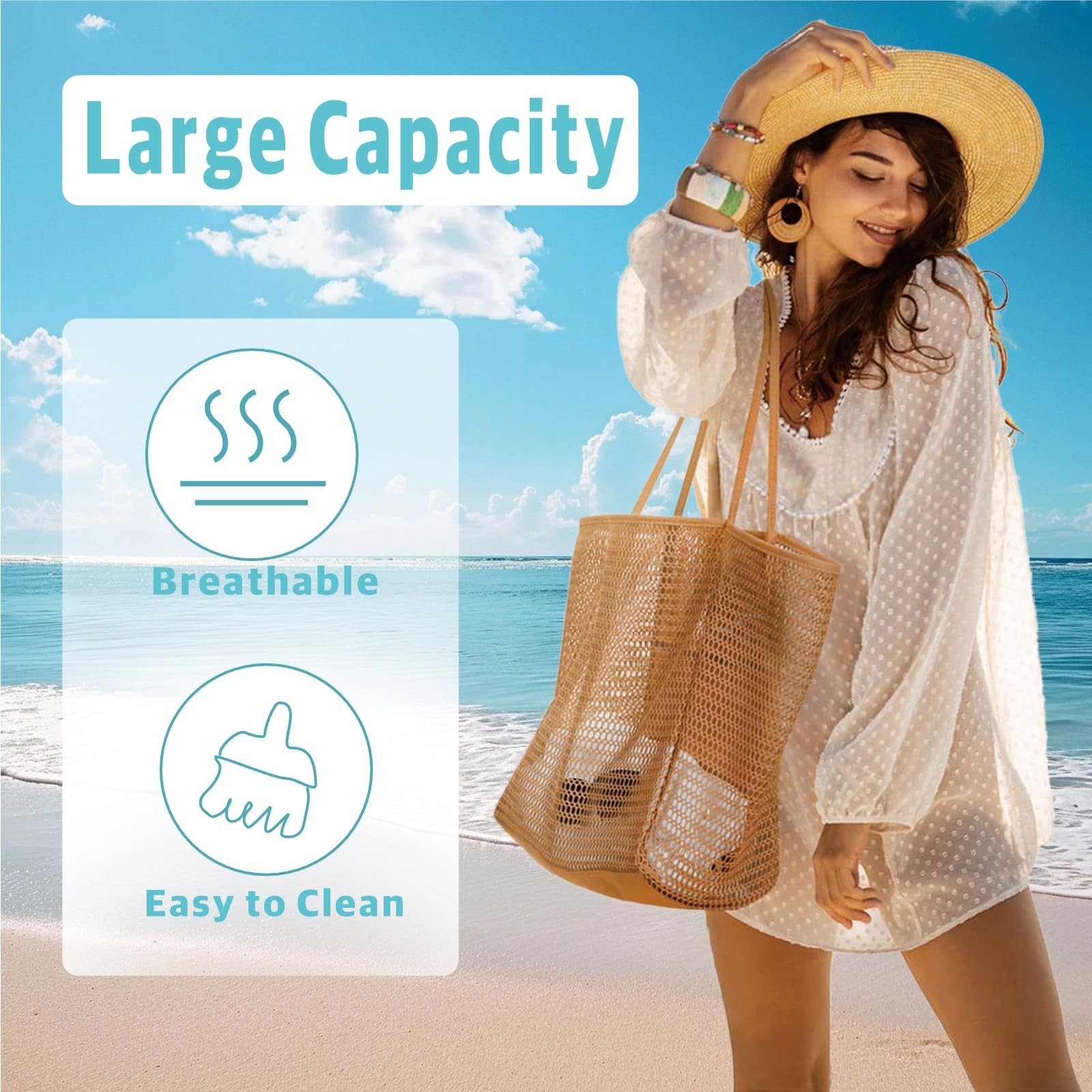 Mesh Beach Tote with Zipper Pockets,with a pair of Sunglasses Large Beige