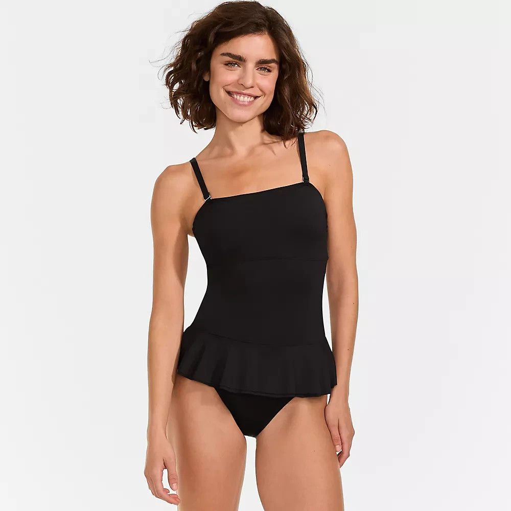Lands’ End Women’s Sculpting Suit Ruffle Bandeau One Piece Swimsuit Sz 10 Black