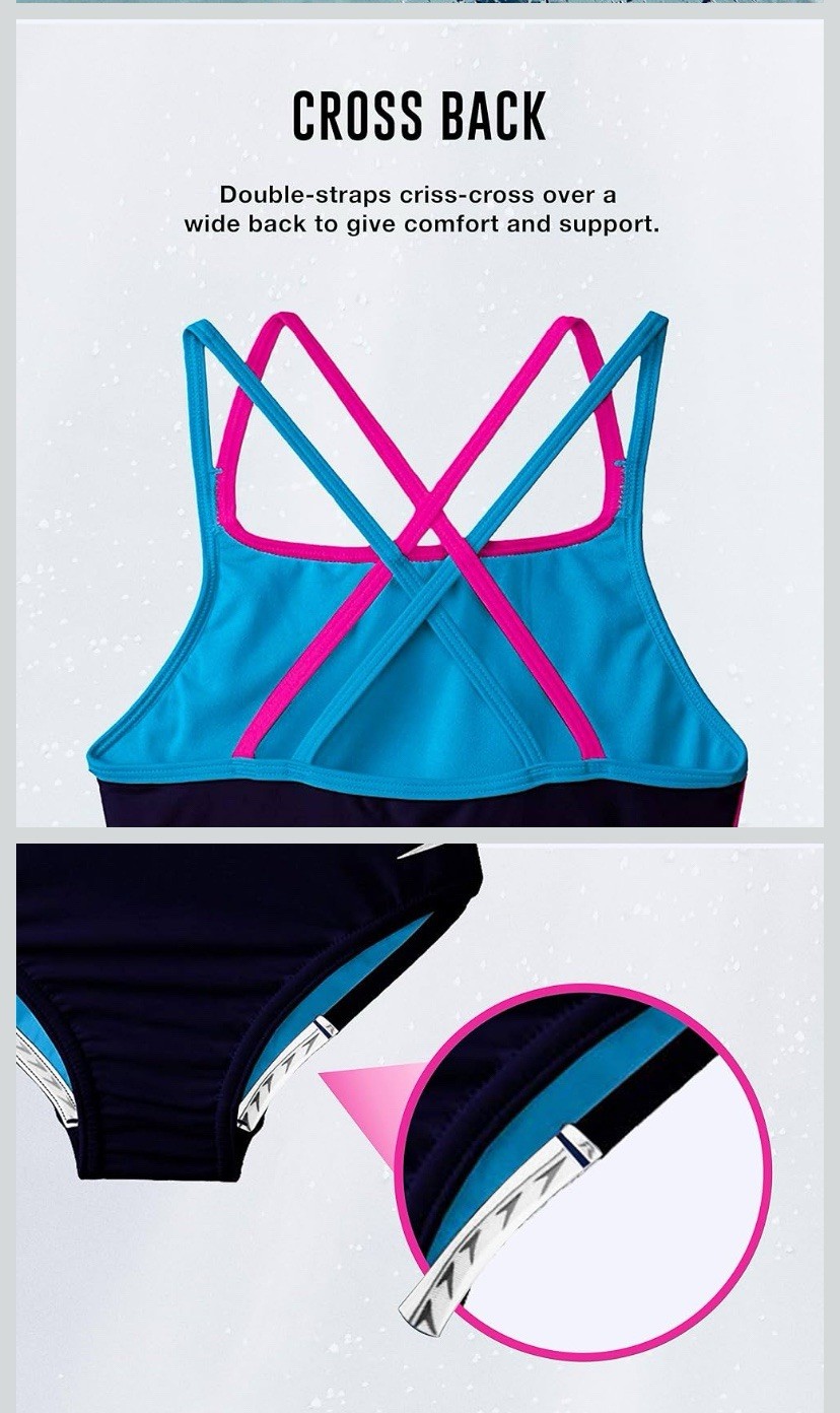Speedo Cross Back One Piece Competitive Swimwear Navy Pink Blue Size 12