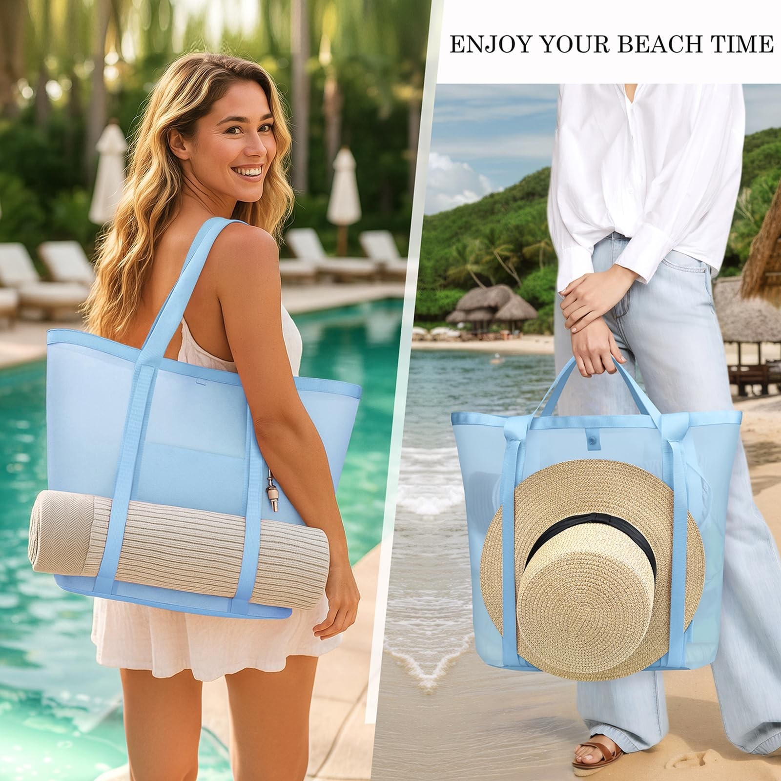 Mesh Beach Bag for Women with Towel Straps, Large Rinse-Through Beach Tote fo…