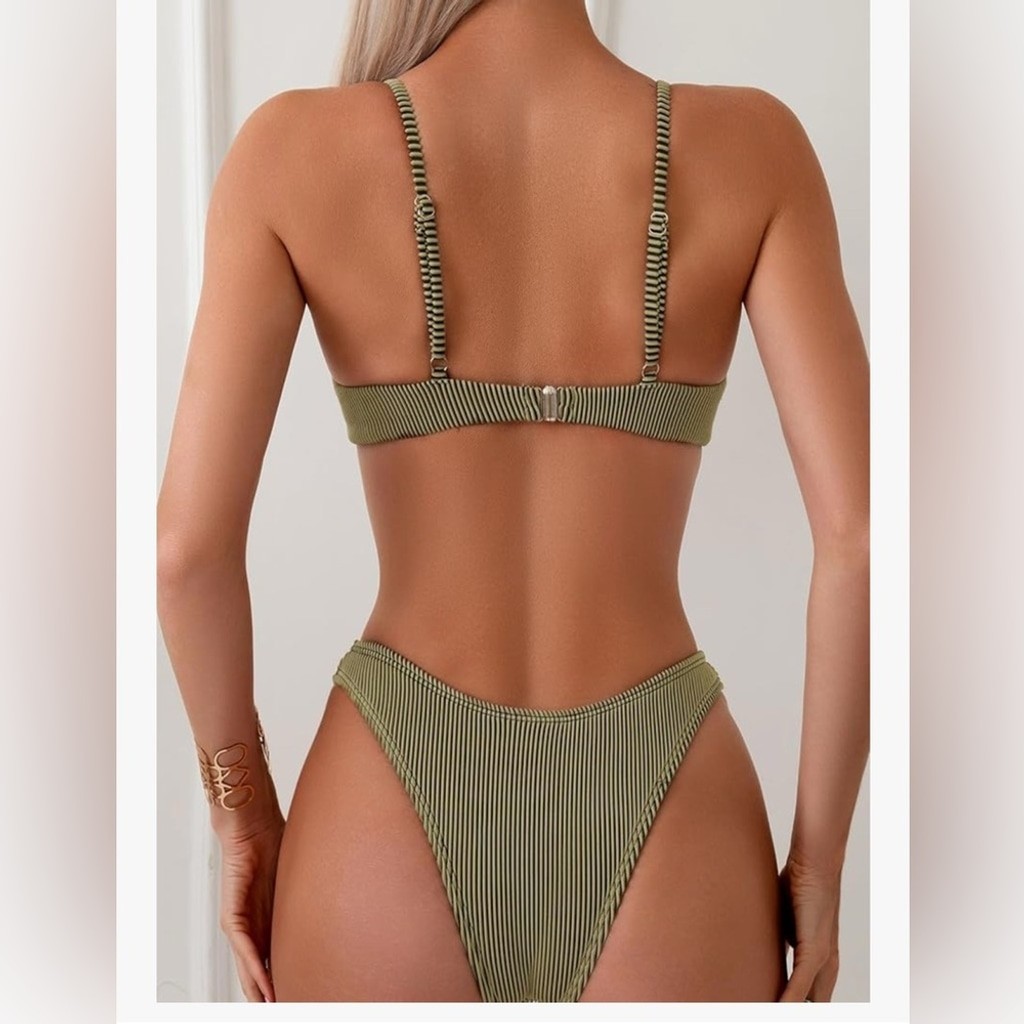 NEW 2 Pc Green Ribbed Underwire Thong Triangle Bikini Bathing Swimsuit M 8/10