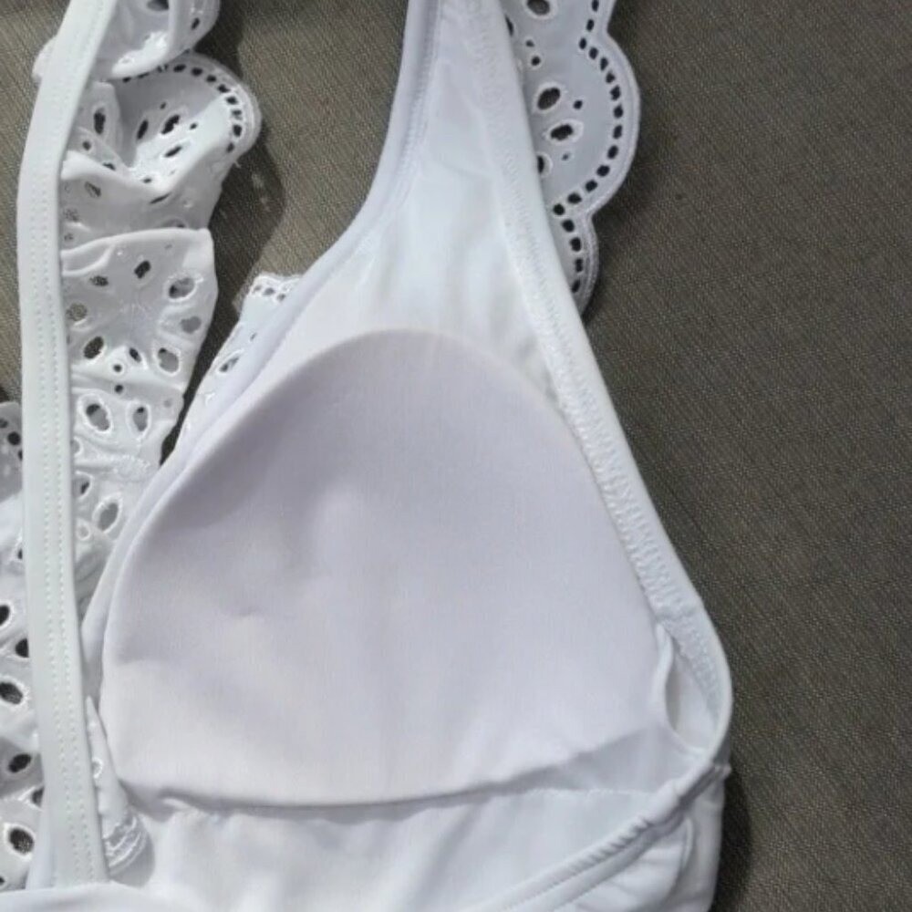 White Swimsuit Size L Eyelet Ruffle Plunge Cheeky Monokini Bachelorette