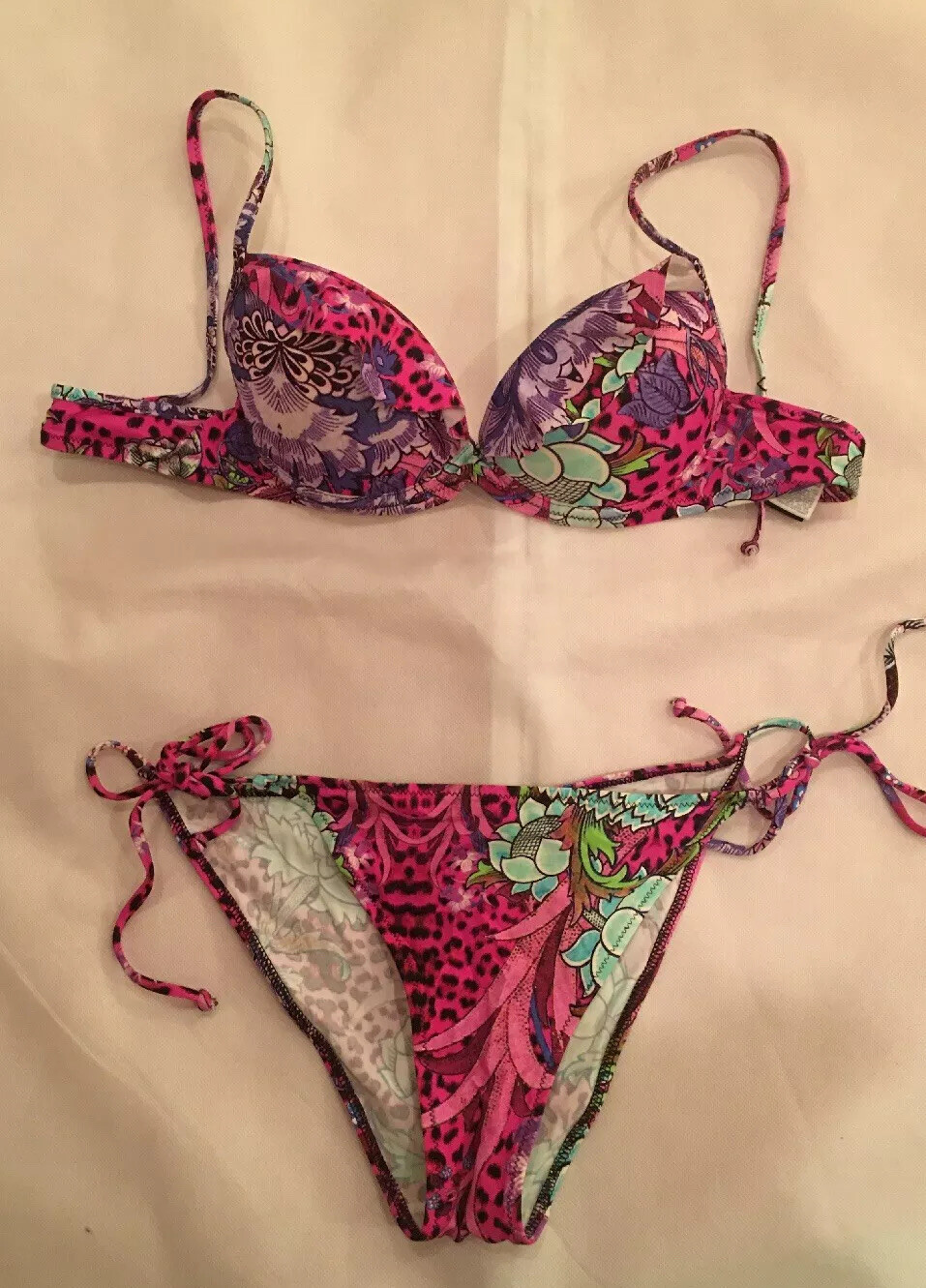 NWOT Roberto Cavalli Bright Tropical Pink Floral Bikini IT 42, S IT 2