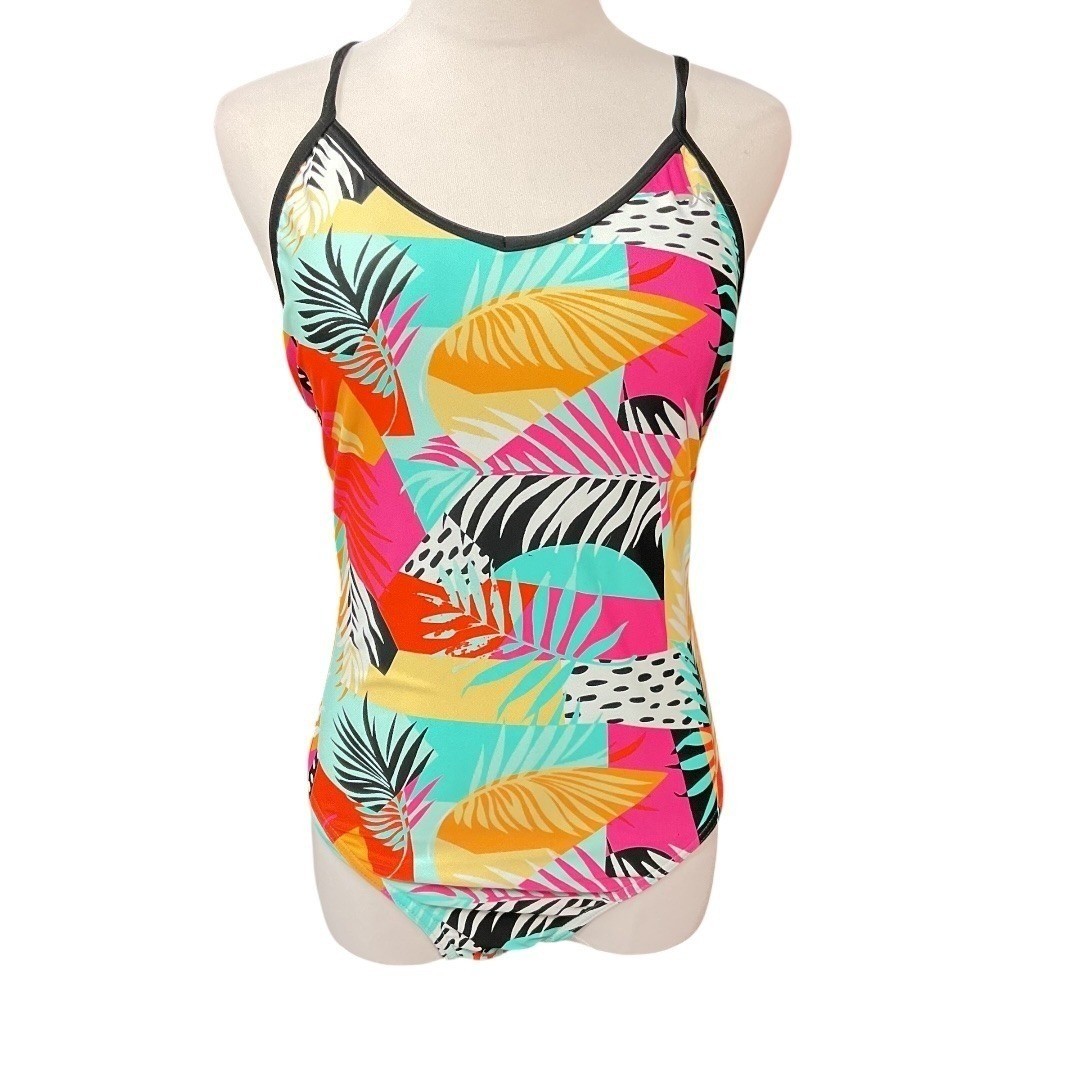 ZX Sport Colorful Tropical Printed Crisscross V Neck One-Piece Swimsuit XL NWT