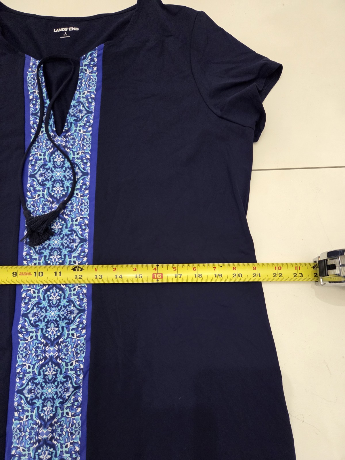Lands End Size L Swim Dress Cover Up Navy Blue Medallion Floral Trim Tassels