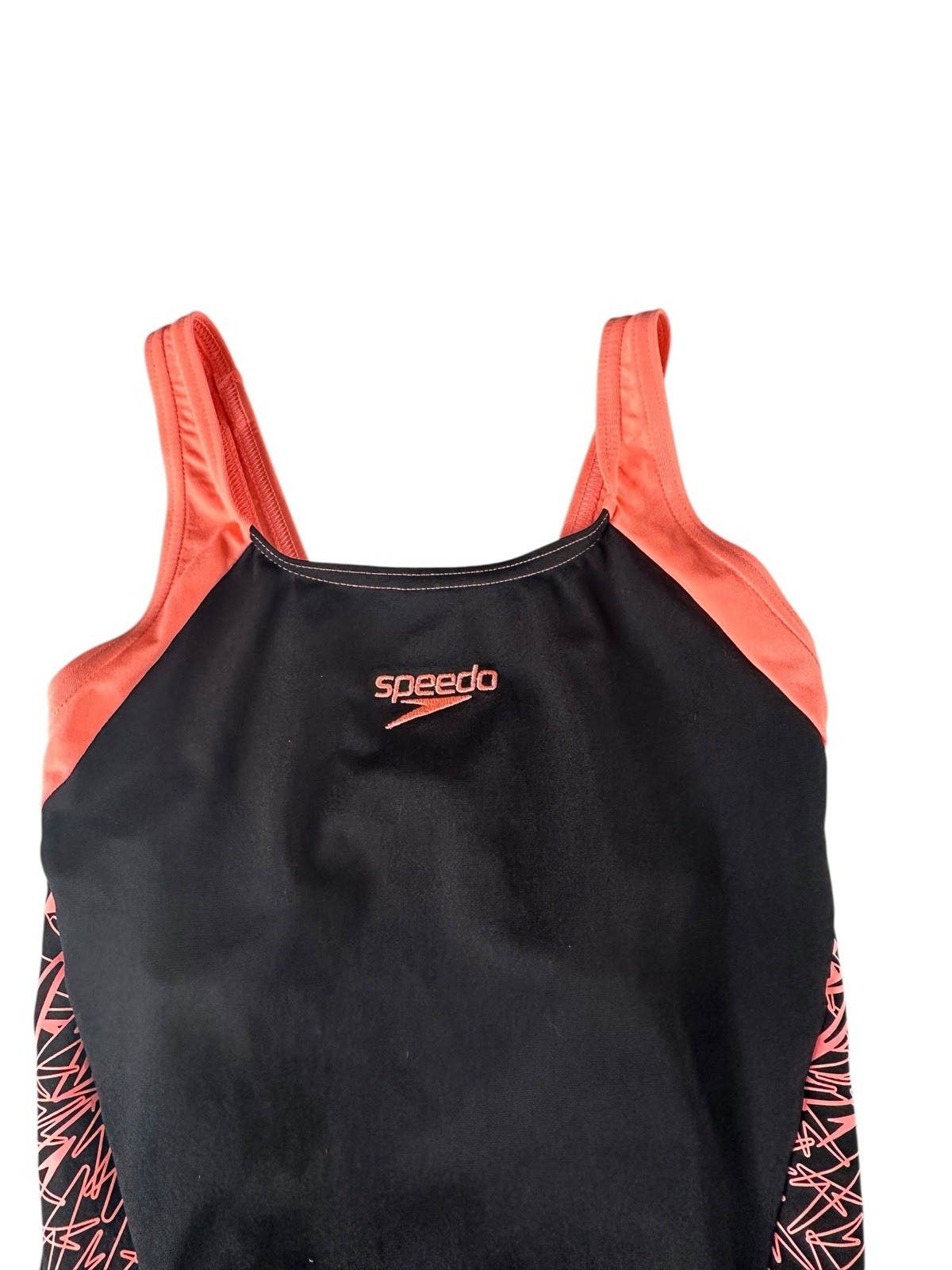 Speedo Girl’s Boom Splice Racerback Muscleback Swimsuit Black Orange Size 8