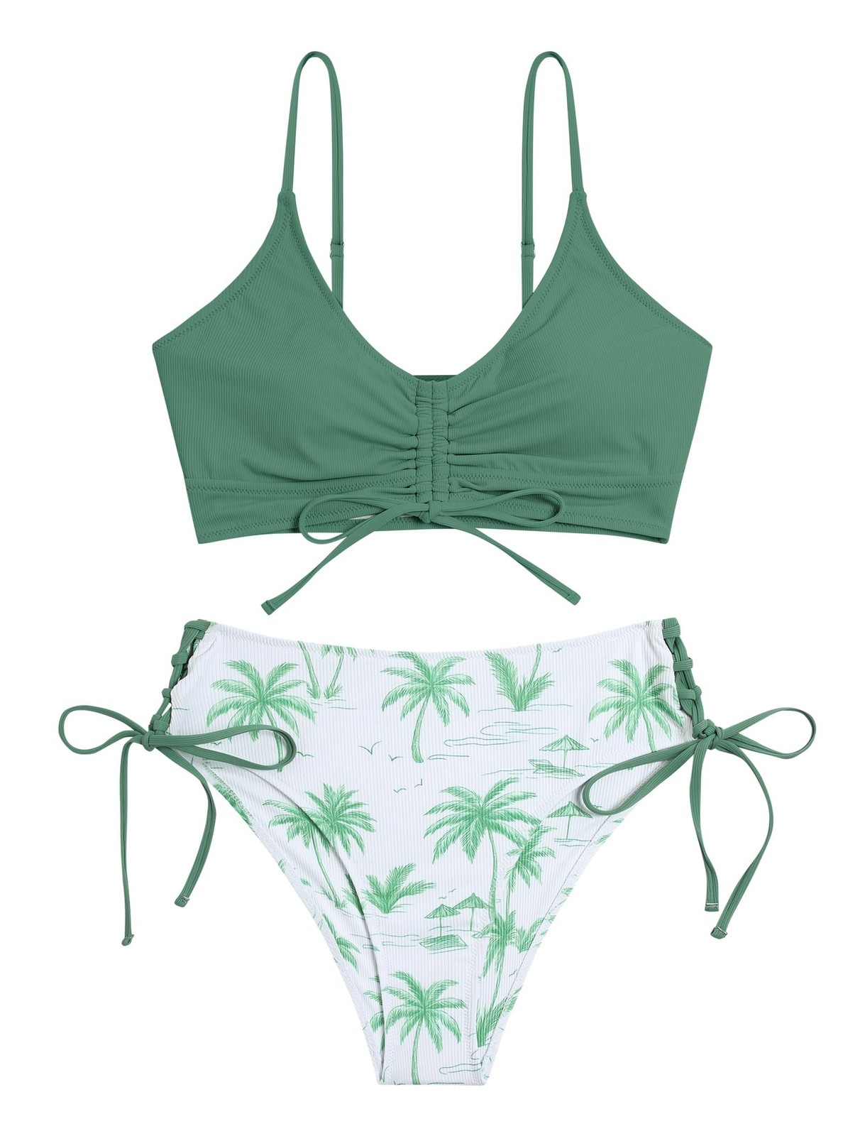 ZAFUL Women V Neck Bikini Set Ruched Tie Front High Waisted Floral Print Ribb…