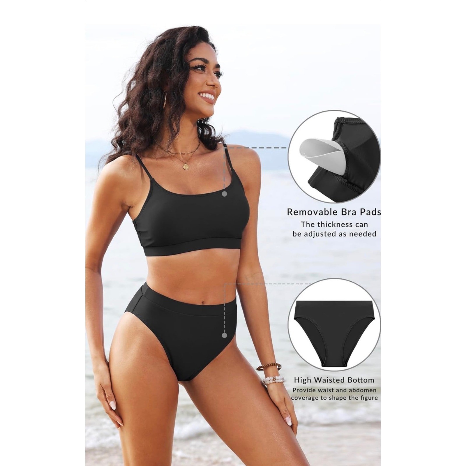 High Waisted Bikini Athletic Swimsuit Sporty High Cut Bathing Suit Scoop Neck S