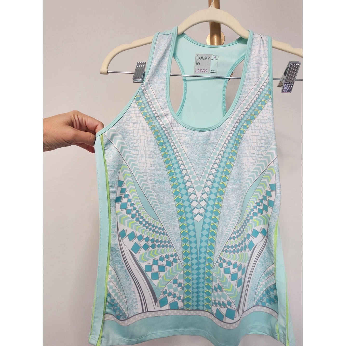 Lucky in Love Aqua Geometric Racerback Active Tank Top Size M (8-10)