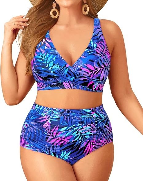 High Waisted Bikini Set Sport Bra Scoop Neck Swimsuit Plus Size 22W New