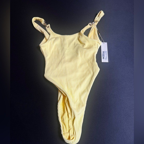 NWT Meshki Zara Yellow Ribbed Kids One-Piece Swimsuit Metal Ring