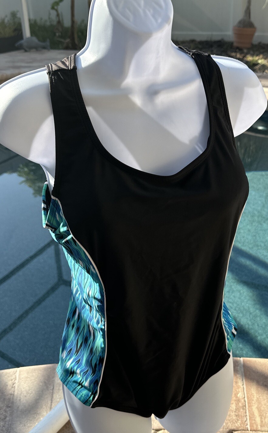Catalina LARGE 12/14 One Piece Bathing Swim Suit Black Blue Green Racerback NWOT
