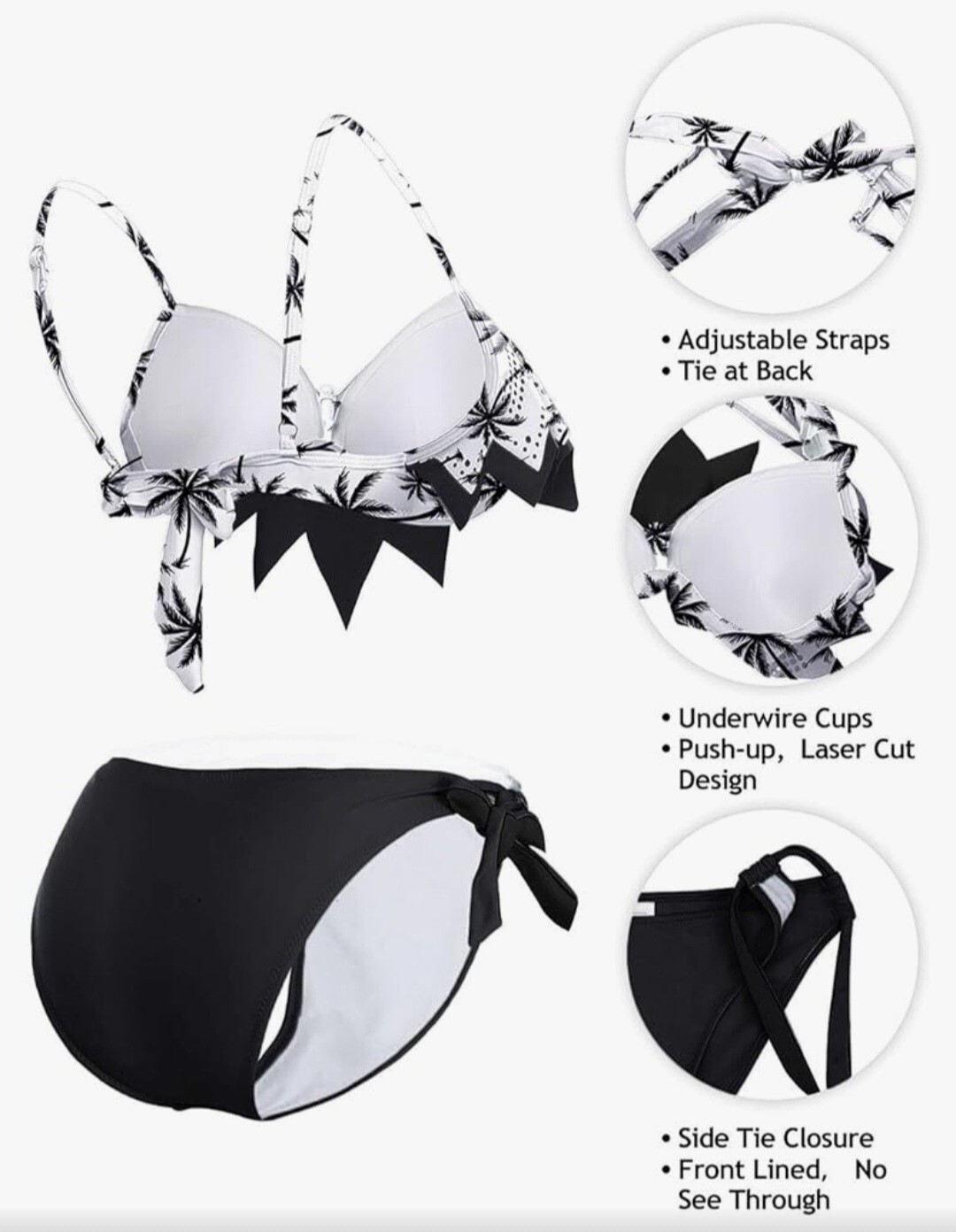Women’s 2 Piece Sexy Push Up Ruffle Bikini Black White Palm Tree Swim Suit Small