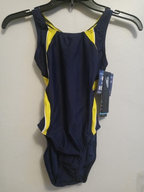 Speedo Women’s PowerFLEX Eco Taper Splice Pulse Back Swimsuit Size 26 Nvy/Gold
