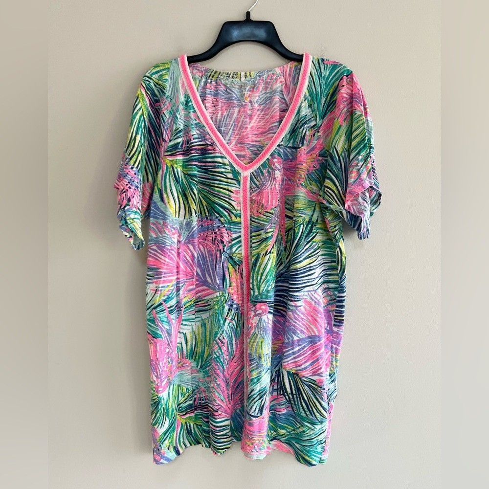 Lilly Pulitzer Women’s Bonita Coverup Tropical Palm Print “Scarlet Macaw”, L
