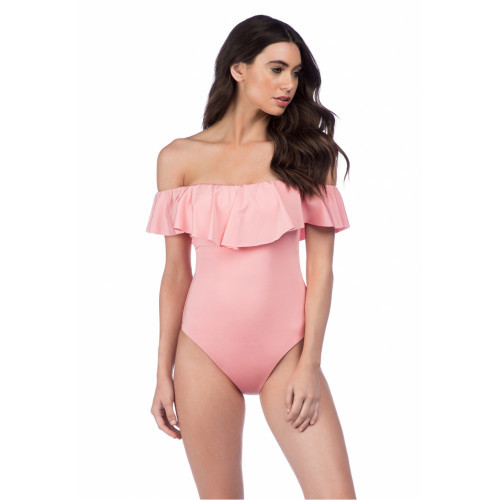 TRINA TURK Women’s TT8BF11 OFF SHOULDER RUFFLE BANDEAU Light Coral SWIMSUIT- 14