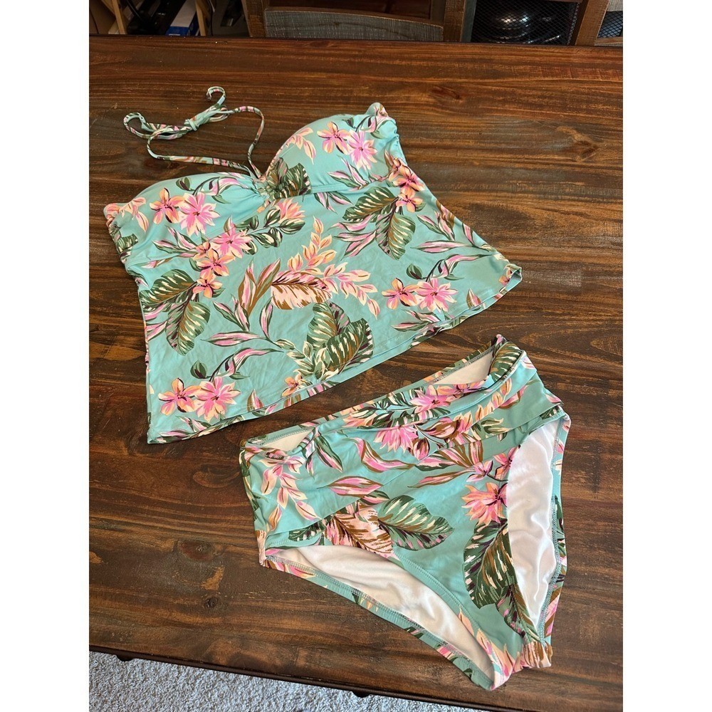 Tankini Swimsuit Top XXL & Bottom L Set Freshwater Floral Halter 2 Piece NWOT