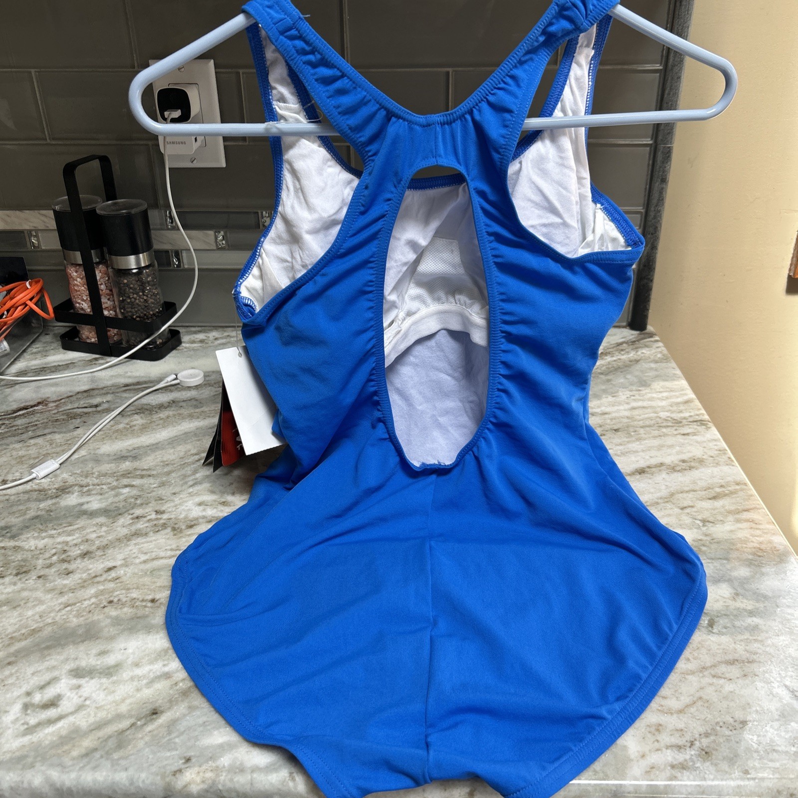 TYR DURAFAST WOMEN’S SWIMSUIT Fitness A BLue Sz 14 Hole N Back New Athletic